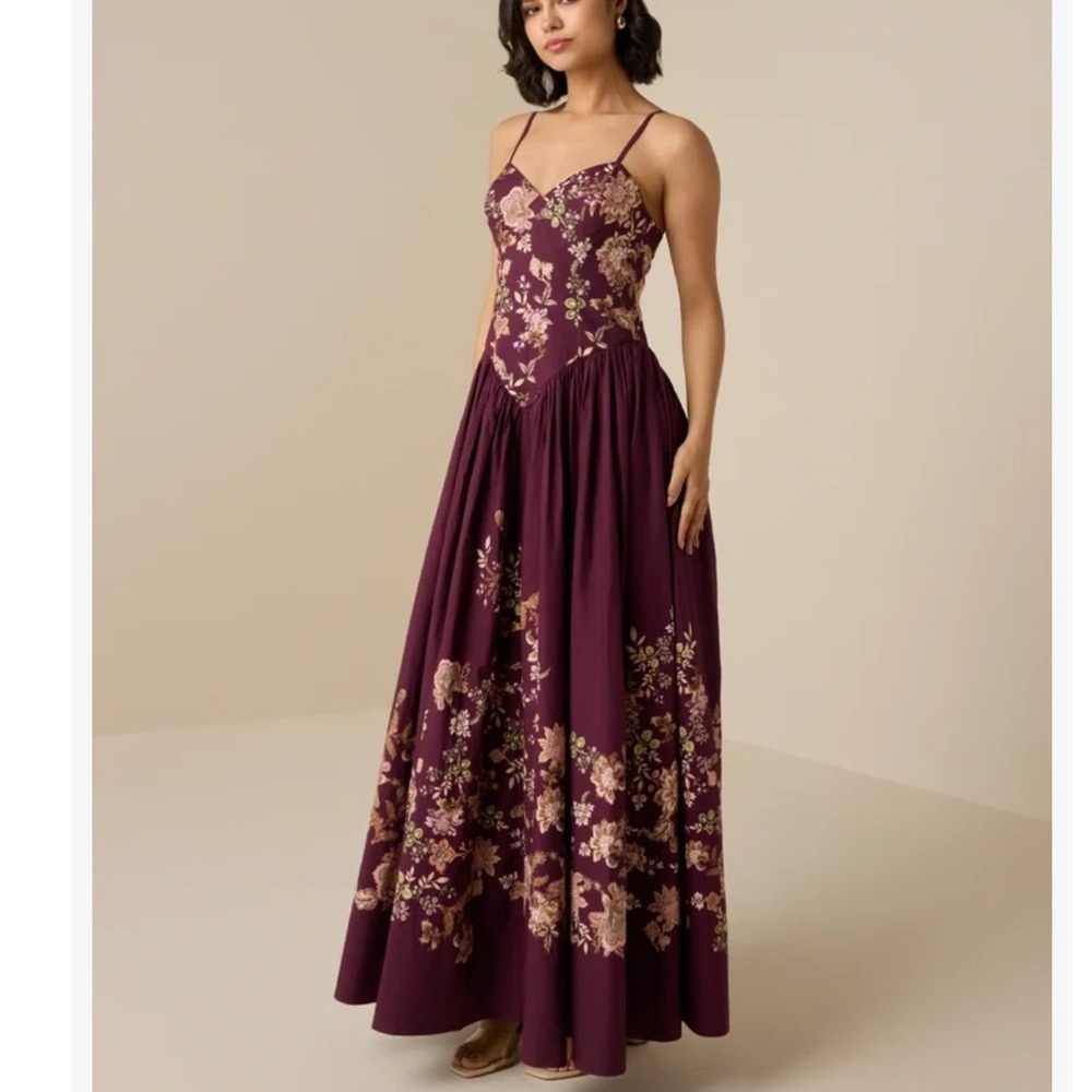 Hemant & Nandita Savi Maxi Dress Wine Floral Cotton Poplin XS NEW Wedding guest